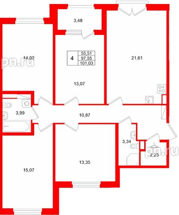 Квартира в ЖК Дубровский, 4 комнатная, 101.03 м², 2 этаж