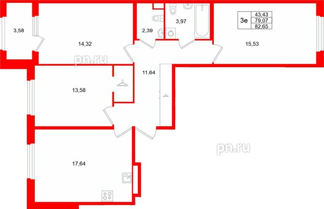 Квартира в ЖК «Дубровский», 3 комнатная, 82.65 м², 1 этаж