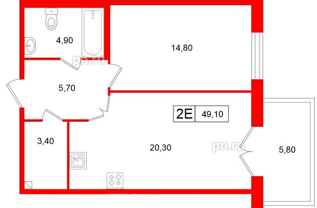 Апартаменты в ЖК «Репин», 1 комнатные, 49.1 м², 2 этаж