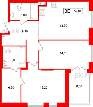 Апартаменты в ЖК «Репин», 2 комнатные, 74.4 м², 2 этаж