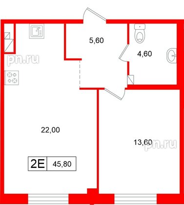 Апартаменты в ЖК «Репин», 1 комнатные, 45.8 м², 2 этаж