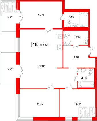 Апартаменты в ЖК «Репин», 3 комнатные, 103.1 м², 3 этаж