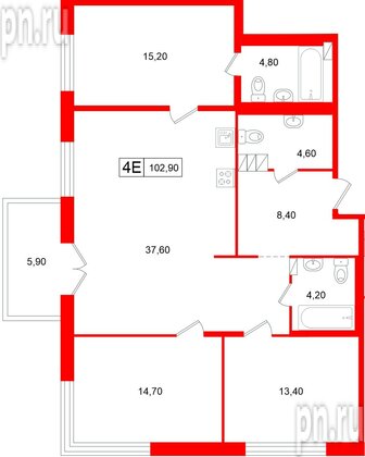 Апартаменты в ЖК Репин, 3 комнатные, 102.9 м², 4 этаж