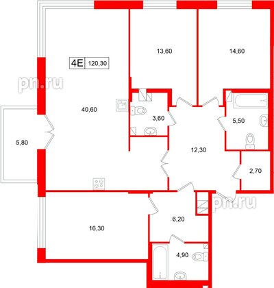Апартаменты в ЖК Репин, 3 комнатные, 120.3 м², 4 этаж
