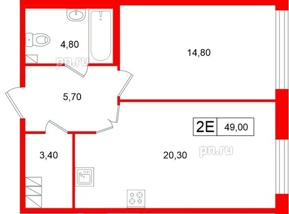 Апартаменты в ЖК «Репин», 1 комнатные, 49 м², 4 этаж