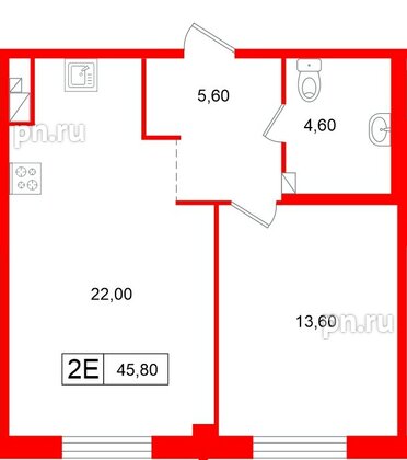 Апартаменты в ЖК «Репин», 1 комнатные, 45.8 м², 2 этаж