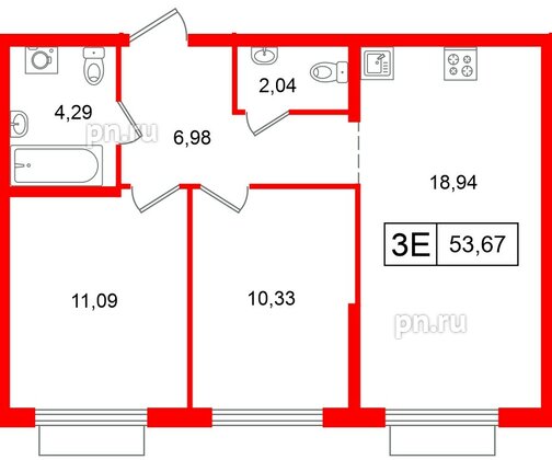 Квартира в ЖК «Таллинский парк», 2 комнатная, 53.67 м², 2 этаж