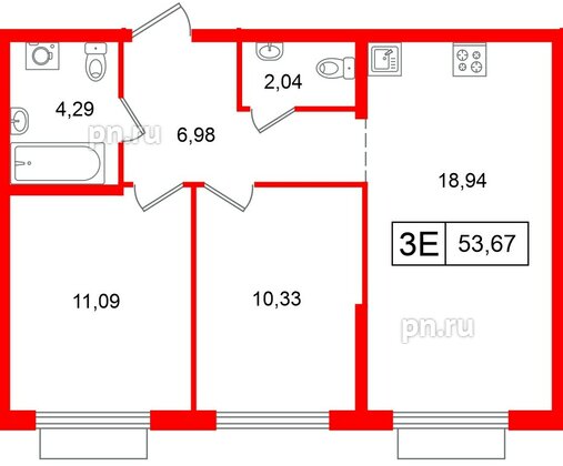 Квартира в ЖК «Таллинский парк», 2 комнатная, 53.67 м², 8 этаж