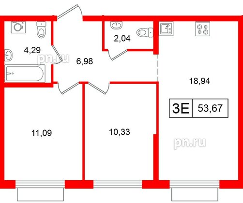 Квартира в ЖК «Таллинский парк», 2 комнатная, 53.67 м², 11 этаж