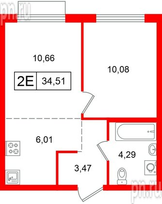 Квартира в ЖК «Таллинский парк», 1 комнатная, 34.51 м², 6 этаж