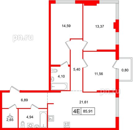 Квартира в ЖК «Таллинский парк», 3 комнатная, 85.91 м², 3 этаж