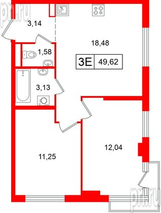 Квартира в ЖК Таллинский парк, 2 комнатная, 49.62 м², 6 этаж