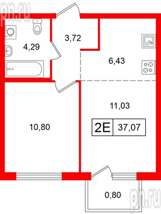 Квартира в ЖК «Таллинский парк», 1 комнатная, 34.51 м², 3 этаж
