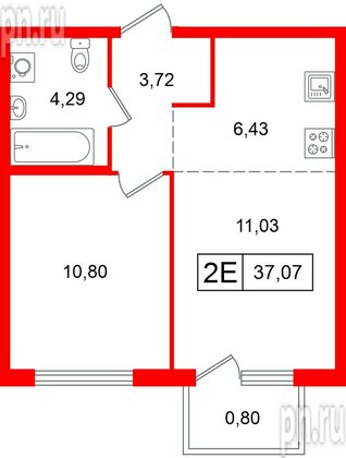 Квартира в ЖК «Таллинский парк», 1 комнатная, 34.51 м², 9 этаж