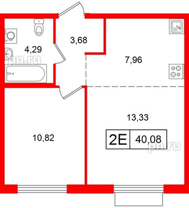 Квартира в ЖК Таллинский парк, 1 комнатная, 40.08 м², 7 этаж