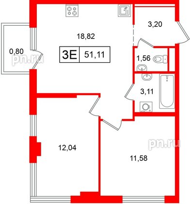 Квартира в ЖК Таллинский парк, 2 комнатная, 51.11 м², 4 этаж