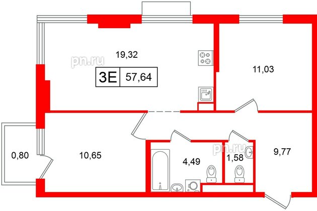 Квартира в ЖК «Таллинский парк», 2 комнатная, 57.64 м², 5 этаж