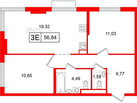 Квартира в ЖК «Таллинский парк», 2 комнатная, 56.84 м², 11 этаж