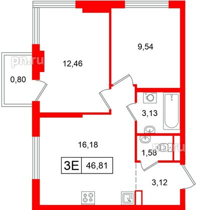 Квартира в ЖК «Таллинский парк», 2 комнатная, 46.81 м², 8 этаж