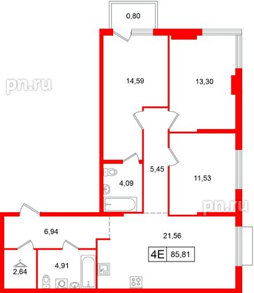 Квартира в ЖК «Таллинский парк», 3 комнатная, 85.81 м², 8 этаж