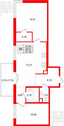 Квартира в ЖК Тишин, 2 комнатная, 57.79 м², 6 этаж