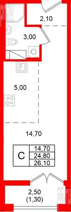 Квартира в ЖК «Кронунг Юг», студия, 26.1 м², 6 этаж