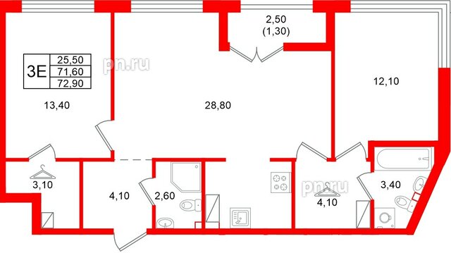 Квартира в ЖК «Кронунг Юг», 2 комнатная, 72.9 м², 8 этаж