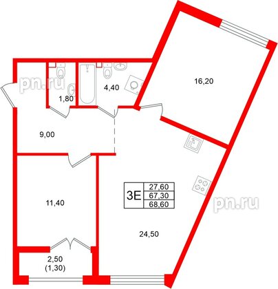 Квартира в ЖК «Кронунг Юг», 2 комнатная, 68.6 м², 2 этаж