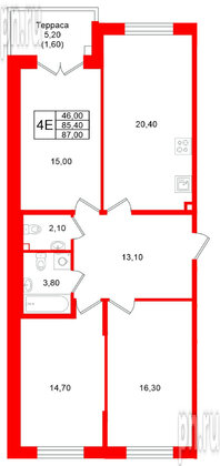 Квартира в ЖК Кронунг Юг, 3 комнатная, 87 м², 1 этаж