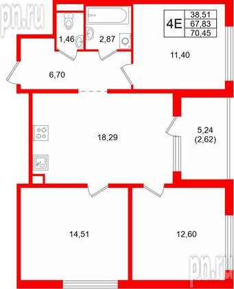 Квартира в ЖК Тишин, 3 комнатная, 70.45 м², 3 этаж
