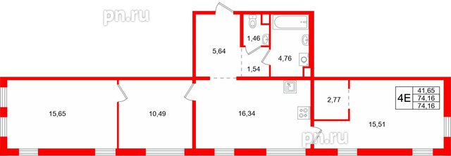 Квартира в ЖК Тишин, 3 комнатная, 74.16 м², 1 этаж