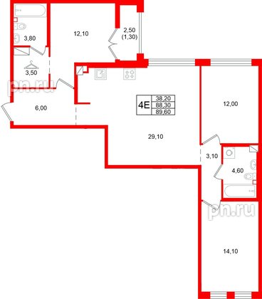 Квартира в ЖК «Кронунг Юг», 3 комнатная, 89.6 м², 7 этаж