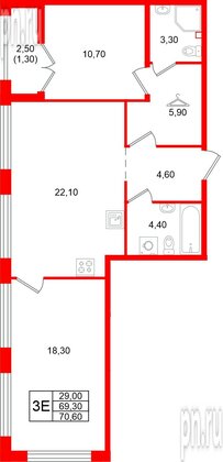 Квартира в ЖК Кронунг Юг, 2 комнатная, 70.6 м², 2 этаж