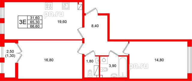 Квартира в ЖК «Кронунг Юг», 2 комнатная, 66.6 м², 8 этаж