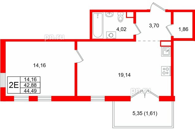 Квартира в ЖК Тишин, 1 комнатная, 44.49 м², 10 этаж