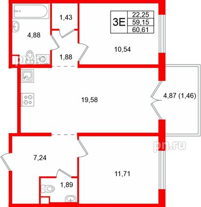 Квартира в ЖК Тишин, 2 комнатная, 60.61 м², 8 этаж