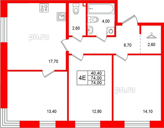 Квартира в ЖК «Лисино», 3 комнатная, 74 м², 1 этаж