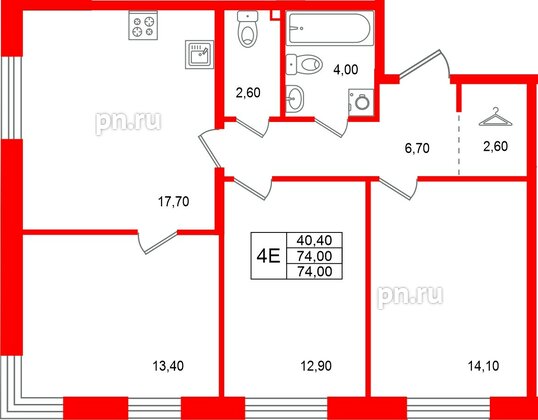 Квартира в ЖК Лисино, 3 комнатная, 74 м², 2 этаж