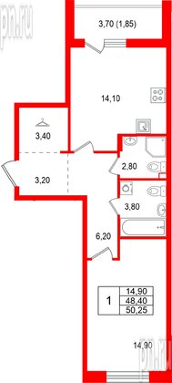 Квартира в ЖК Лисино, 1 комнатная, 52.1 м², 1 этаж