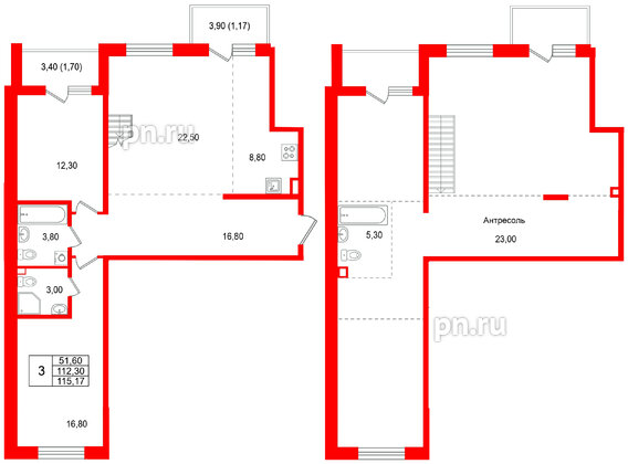 Квартира в ЖК Лисино, 3 комнатная, 119.6 м², 4 этаж