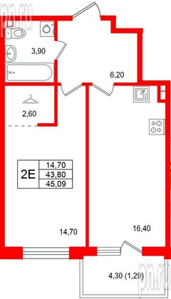 Квартира в ЖК «Лисино», 1 комнатная, 45.09 м², 2 этаж