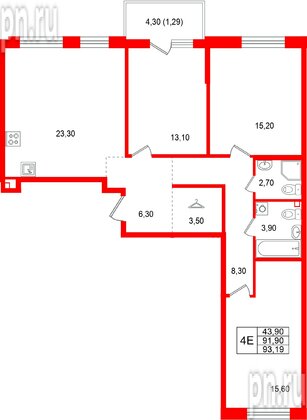 Квартира в ЖК «Лисино», 3 комнатная, 93.19 м², 3 этаж