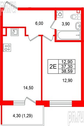 Квартира в ЖК Лисино, 1 комнатная, 41.6 м², 4 этаж