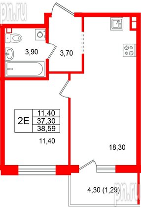 Квартира в ЖК Лисино, 1 комнатная, 41.6 м², 2 этаж