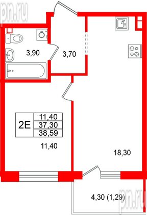 Квартира в ЖК Лисино, 1 комнатная, 41.6 м², 3 этаж