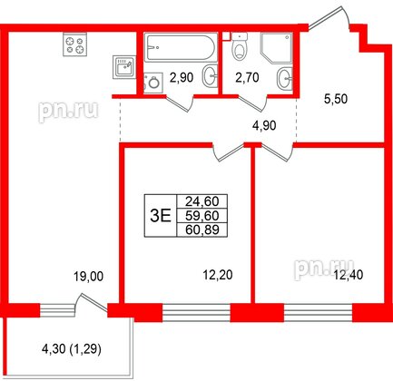 Квартира в ЖК Лисино, 2 комнатная, 63.9 м², 2 этаж