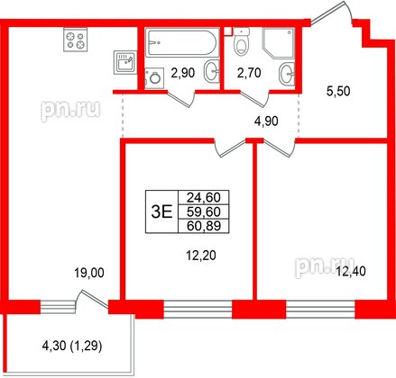Квартира в ЖК Лисино, 2 комнатная, 63.9 м², 3 этаж