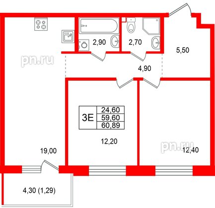 Квартира в ЖК Лисино, 2 комнатная, 63.9 м², 4 этаж