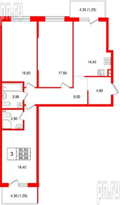 Квартира в ЖК «Лисино», 3 комнатная, 88.08 м², 3 этаж
