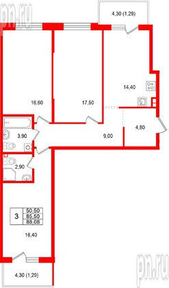 Квартира в ЖК «Лисино», 3 комнатная, 88.08 м², 4 этаж